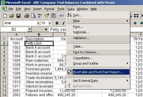 Initiating pivot table wizard